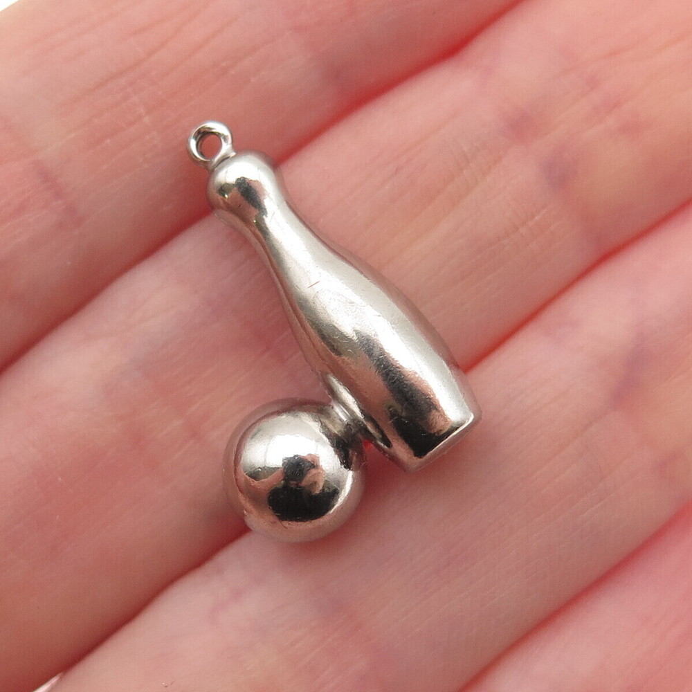 925 Sterling Silver Vintage Bowling Pin & Ball 3D Charm Pendant